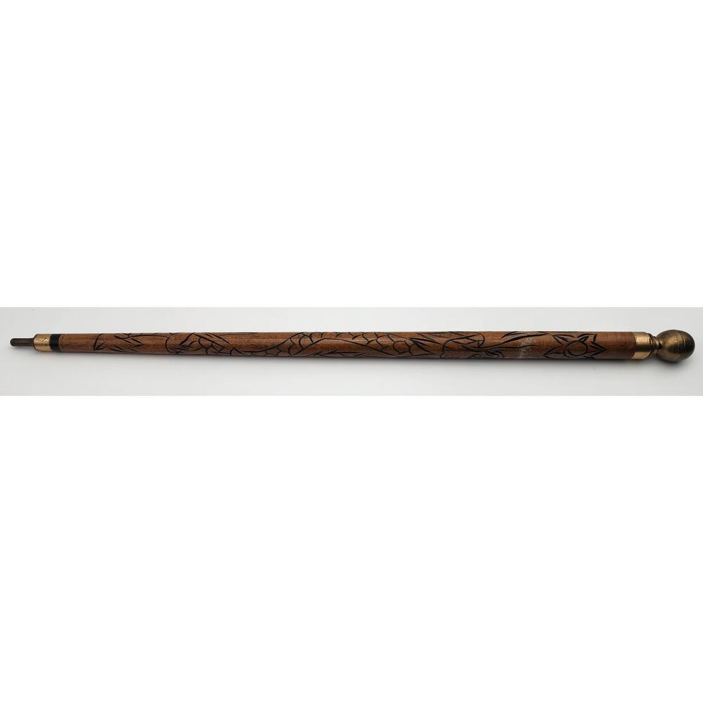 Vintage Hand Carved Wood Brass Cane w/ Hidden Pool Cue 33" - Rare